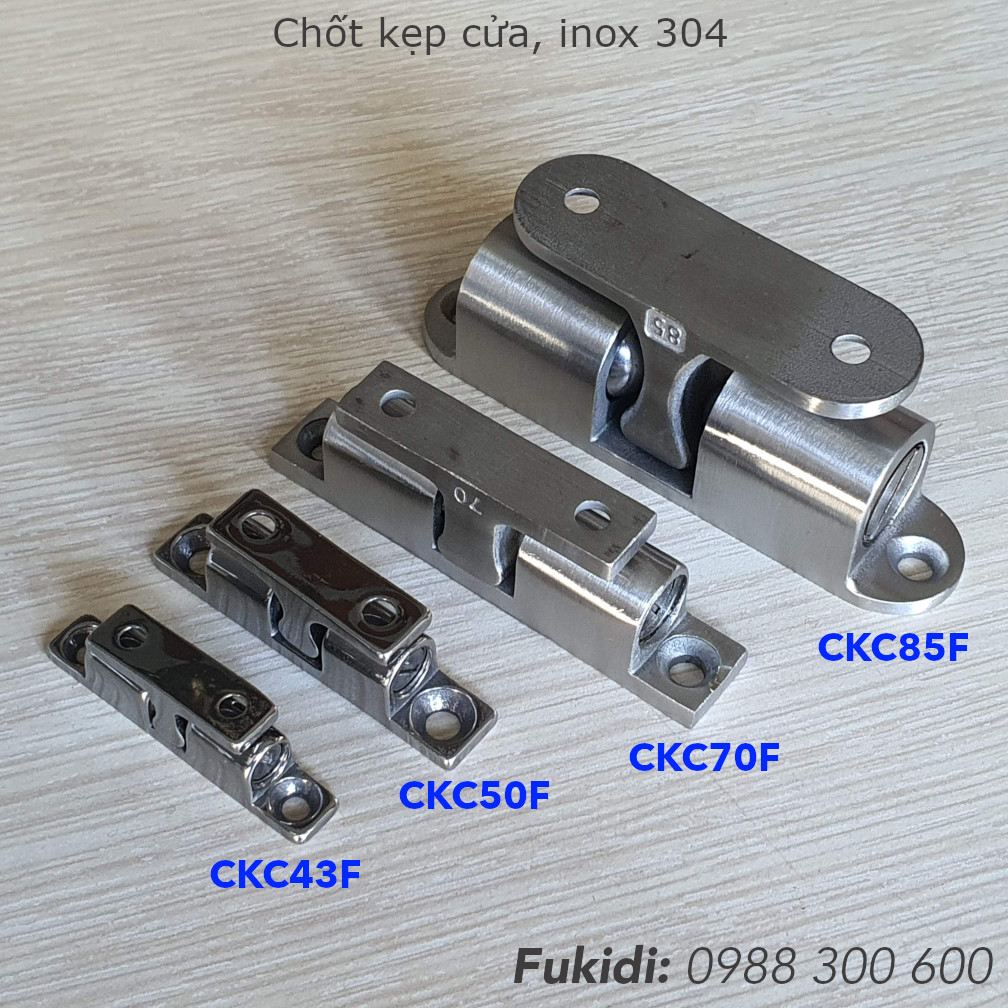 Bốn kích cỡ của chốt kẹp cửa inox 304 có mã CKC43F, CKC50, CKC70F và CKC85F