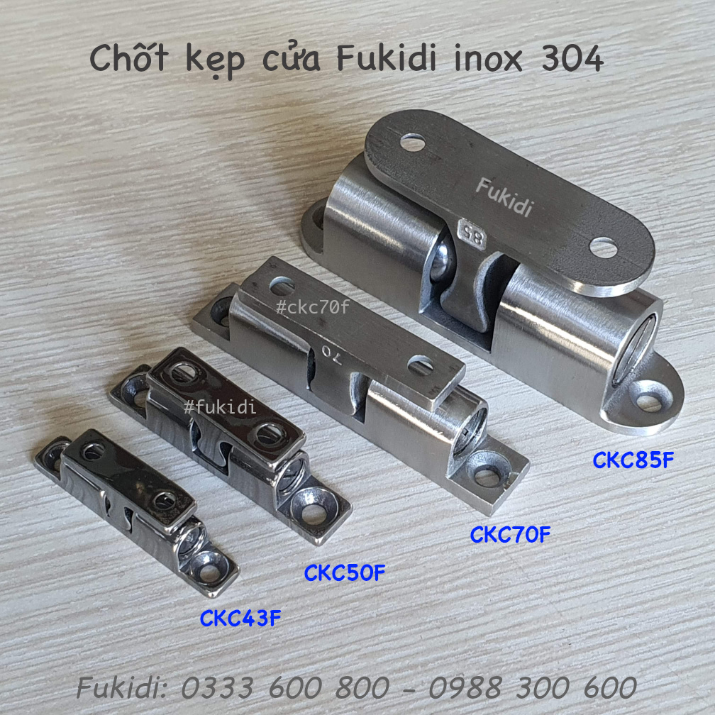 Bốn kích cỡ của chốt kẹp cửa inox 304 có mã CKC43F, CKC50, CKC70F và CKC85F
