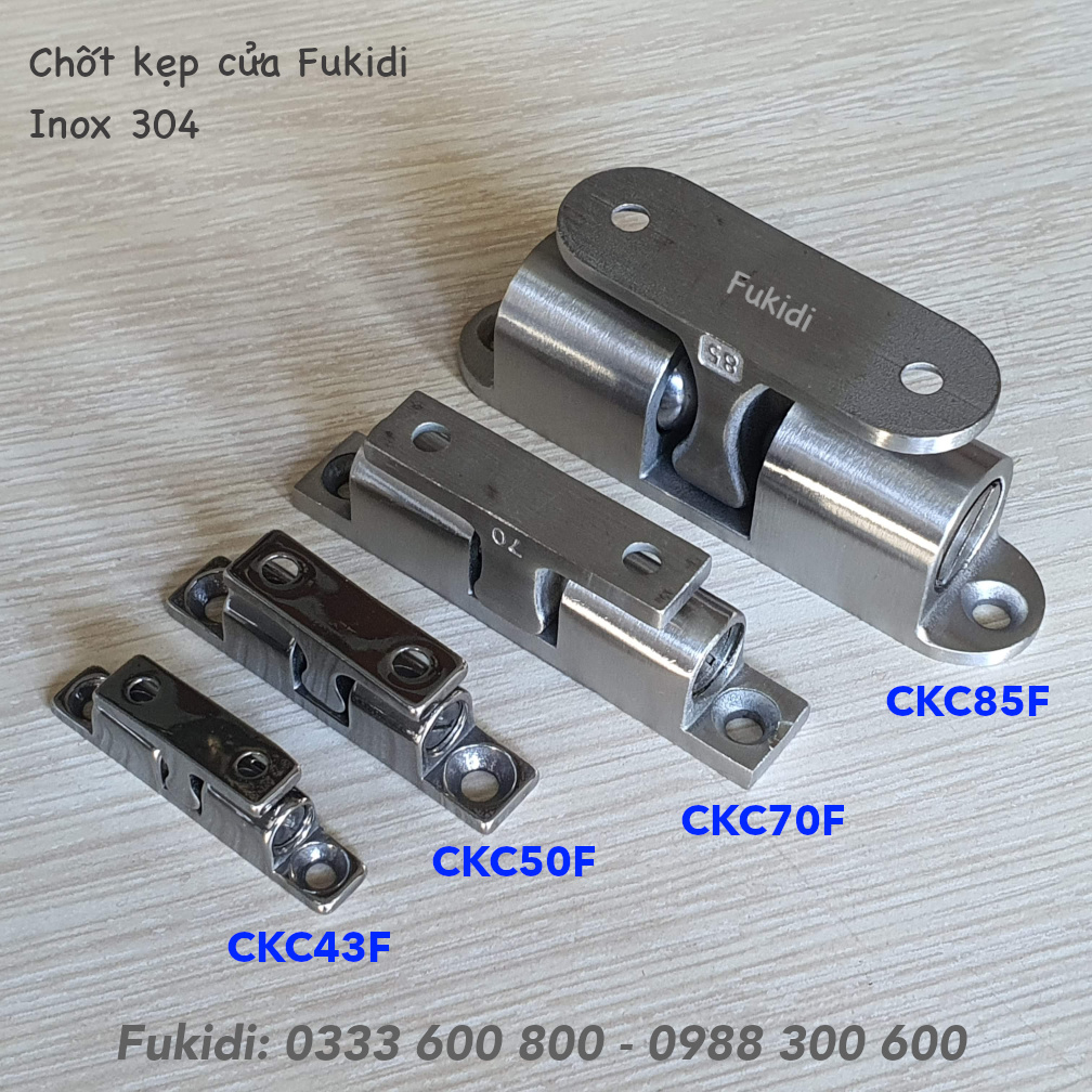 Bốn kích cỡ của chốt kẹp cửa inox 304 có mã CKC43F, CKC50, CKC70F và CKC85F
