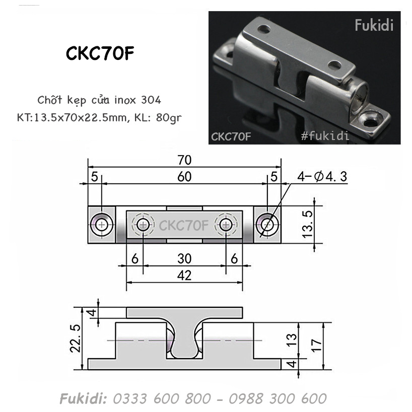 Chi tiết kích thước của chốt kẹp cửa CKC70F