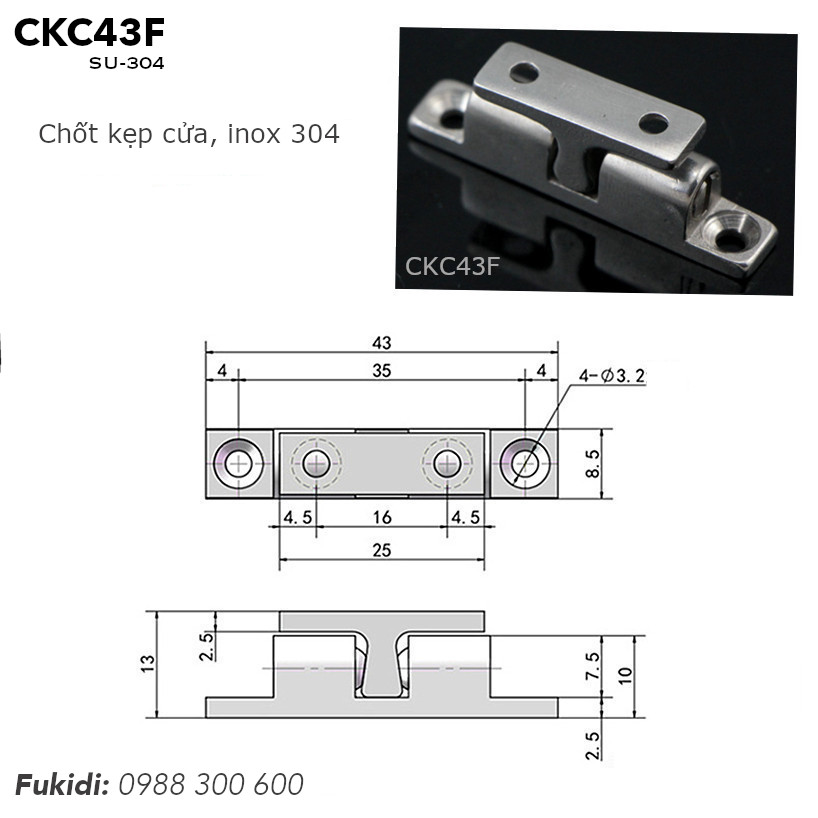Chi tiết kích thước của chốt kẹp cửa CKC43F