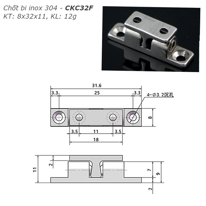 Chốt bi kẹp cánh cửa inox 304, KT 8x32x11mm - CKC32F