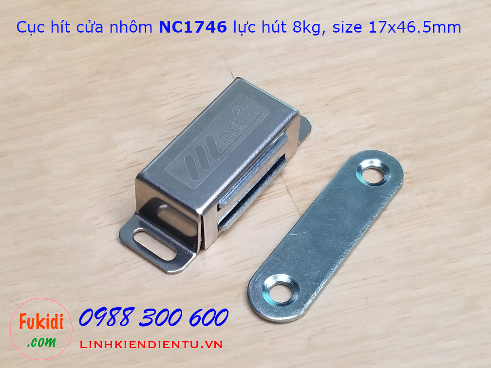 Cục hít cửa tủ, nam châm hít cửa NC1746, lực hút 8kg, vỏ inox kích thước 17x46.5mm