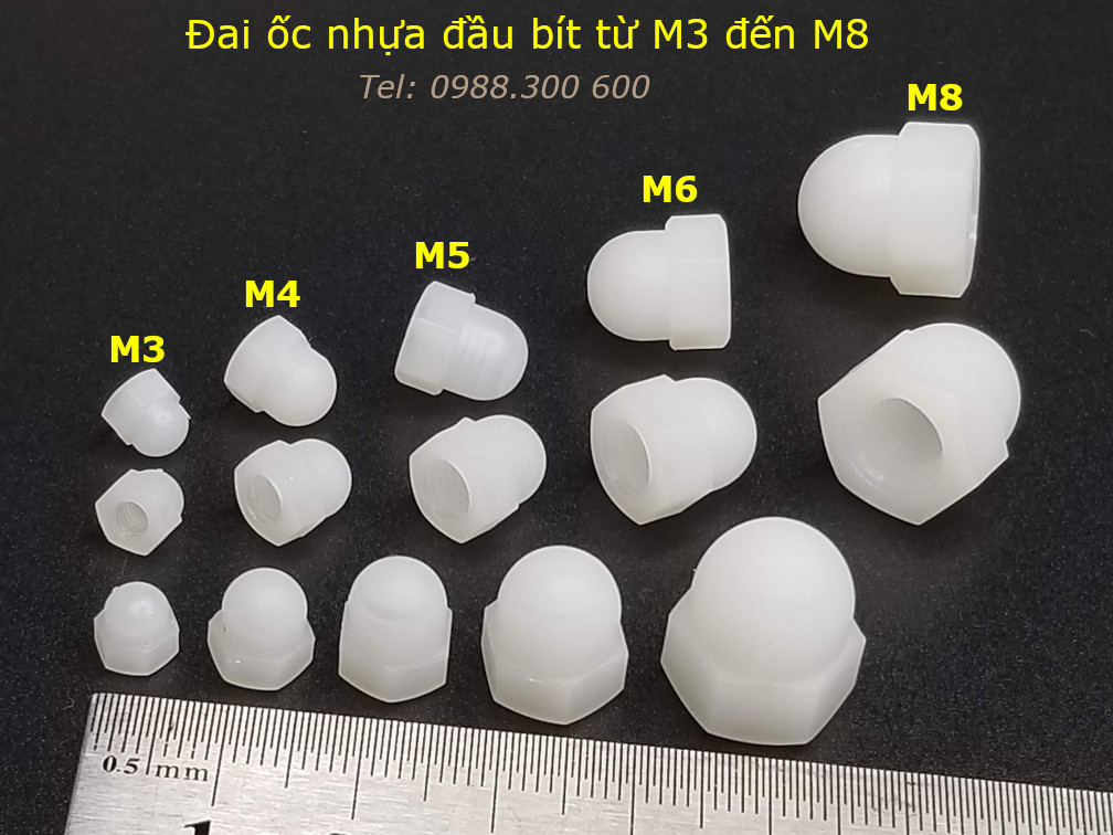 Đai ốc nhựa đầu bít, tán đầu chụp, đai ốc chỏm cầu, tán cầu M8 - DOM8B