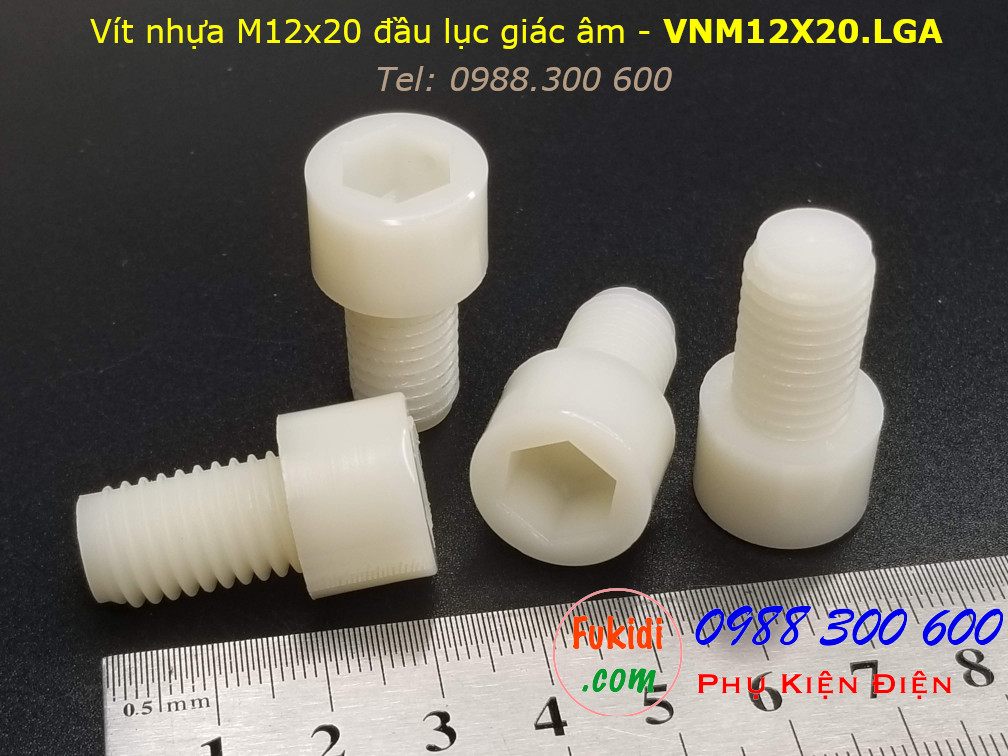 Vít nhựa M12 đầu lục giác âm M12x20 màu trắng - VNM12X20.LGA