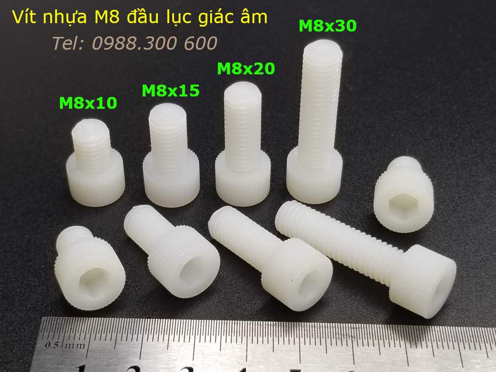 Vít nhựa M8 đầu lục giác âm có ren vặn tay M8x15 màu trắng - VNM8X15.LGA