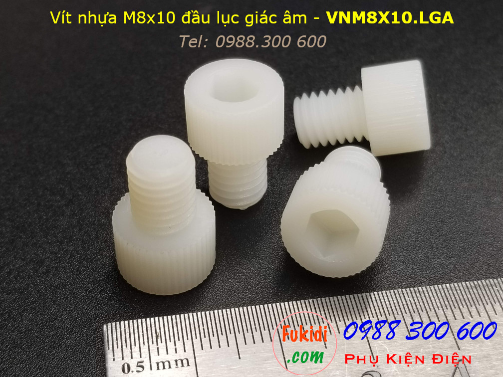 Vít nhựa M8 đầu lục giác âm có ren vặn tay M8x10 màu trắng - VNM8X10.LGA