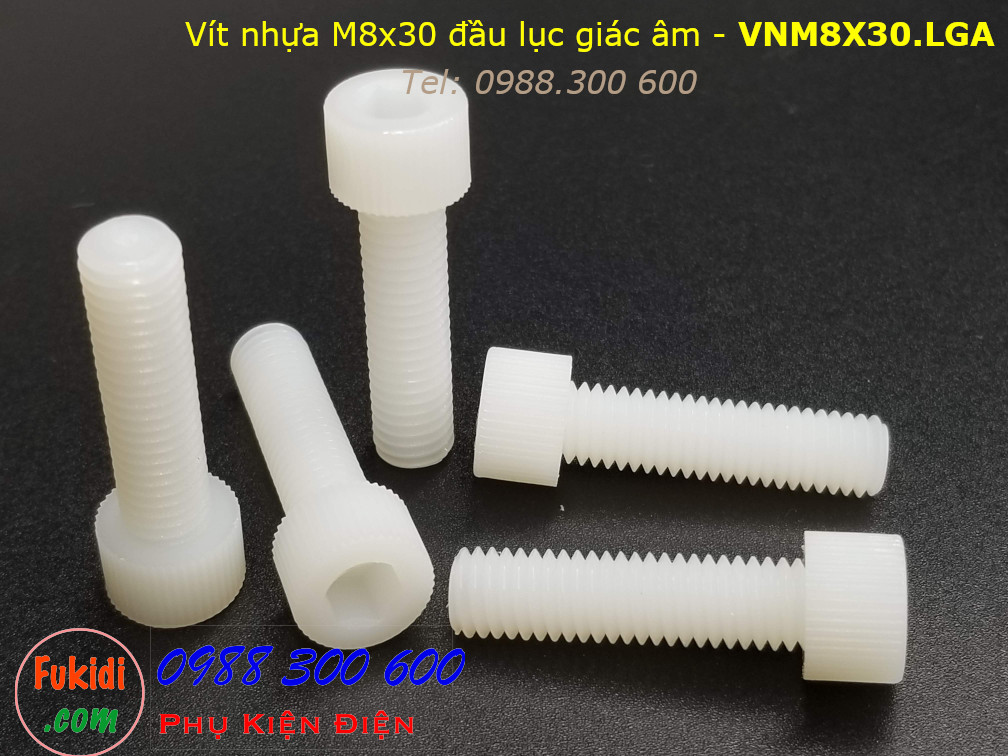Vít nhựa M8 đầu lục giác âm có ren vặn tay M8x30 màu trắng - VNM8X30.LGA