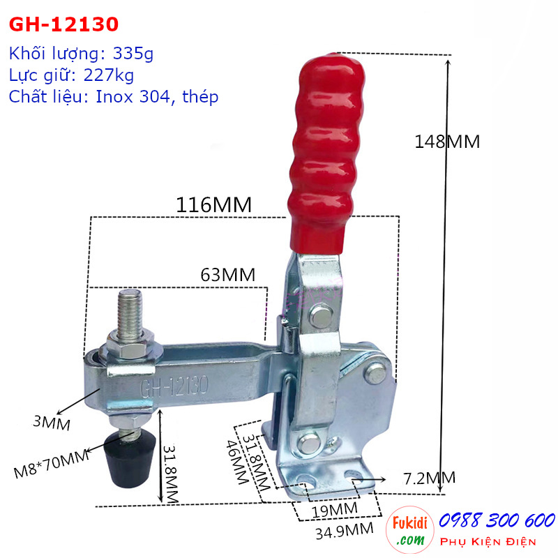 Kẹp định vị GH-12130 thép mạ kẽm, lực giữ 227kg, tay cầm dài 148mm - GH12130