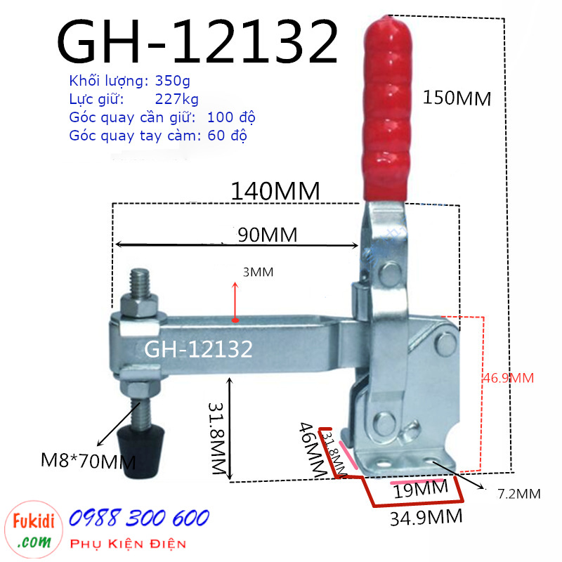 Cam kẹp, kẹp định vị thép mạ kẽm GH-12132 lực giữ 227kg dài 150mm - GH12132