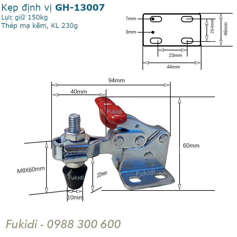 Kẹp định vị GH-13007, thép mạ kẽm, lực giữ 150kg dài 95mm