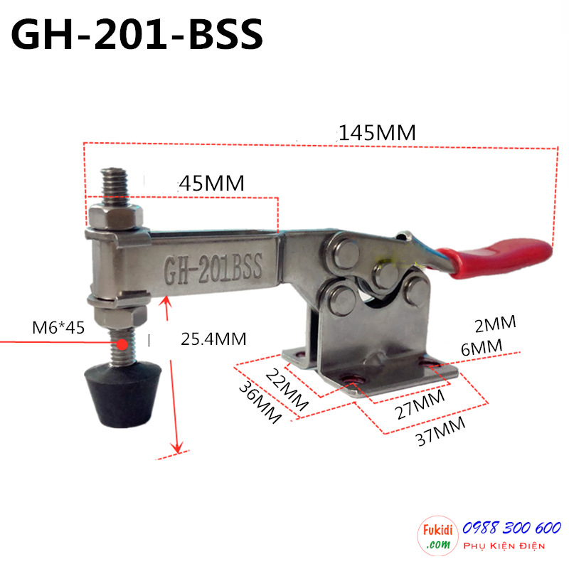 Kẹp định vị GH-201-BSS inox 304, lực giữ 90kg, chiều dài 145mm - GH201BSS