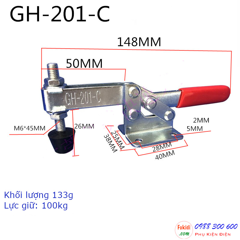 Kẹp định vị GH-201-CSS inox 304, lực giữ 100kg, chiều dài 148mm - GH201CSS