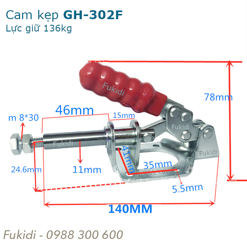 Cam kẹp GH-302F thép mạ kẽm, lực giữ 136kg dài 140mm
