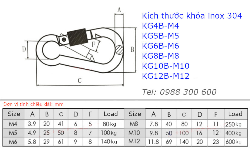 Móc khóa đai an toàn inox 304 cỡ M6, model KD6B