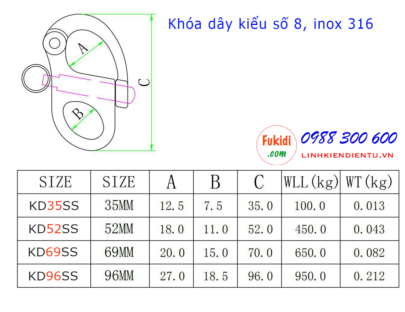 Móc khóa dây, móc nối dây xích inox 316 hình số 8 dài 35mm - KD35SS