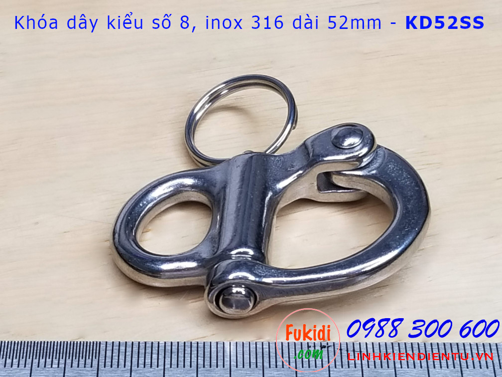 Móc khóa dây, móc nối dây xích inox 316 hình số 8 dài 52mm - KD52SS