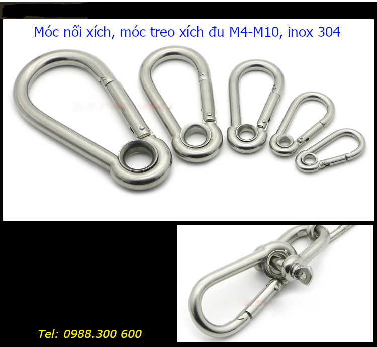 Móc khóa dây xích, khóa dây an toàn M6, inox 304, model: KD6Q