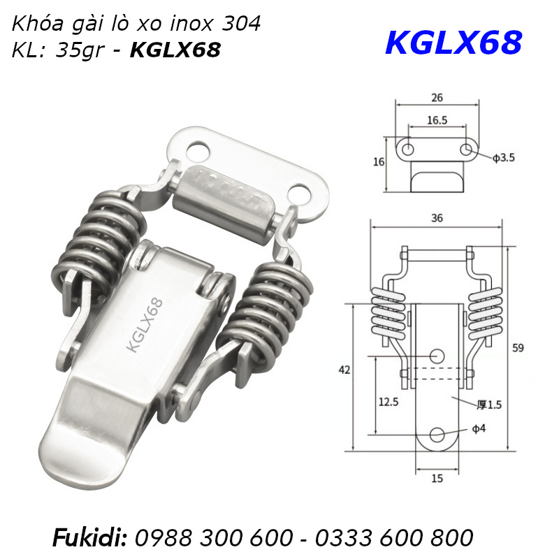 Khóa gài hộp gỗ, khóa mỏ vịt lò xo, inox 304 KT 36x68 - KGLX68