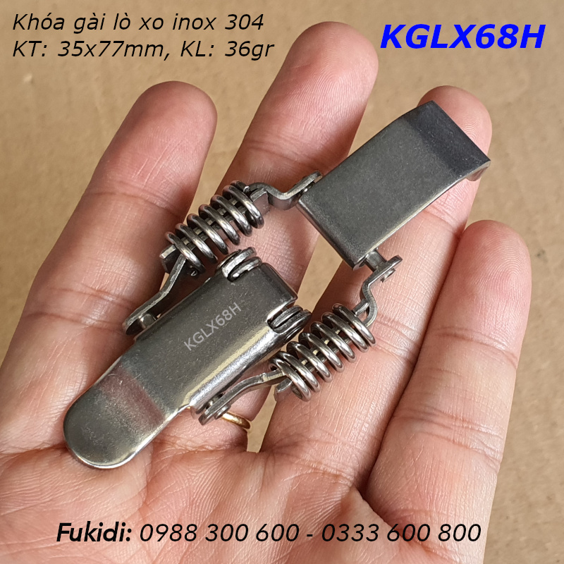 Khóa gài, khóa mỏ vịt có lò xo, inox 304, loại móc dài, KT 36x77mm - KGLX68H