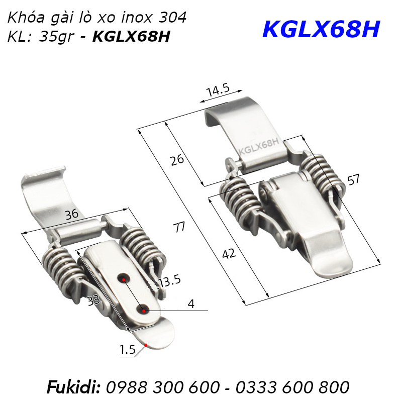 Khóa gài, khóa mỏ vịt có lò xo, inox 304, loại móc dài, KT 36x77mm - KGLX68H