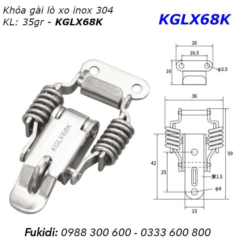 Khóa mỏ vịt lò xo, có khoen móc khóa inox 304 KT 36x68 - KGLX68K