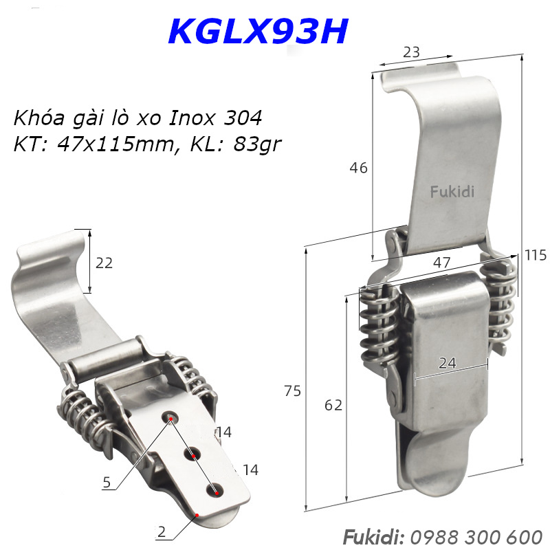 Khóa gài lò xo, loại móc dài inox 304, KT 47x115mm - KGLX93H