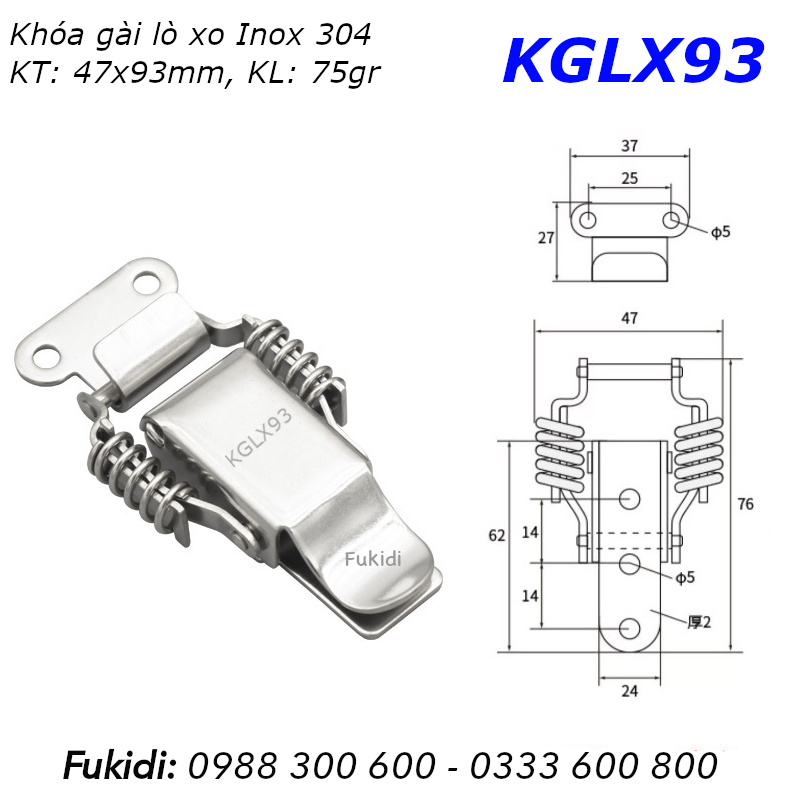 Khóa gài, khóa mỏ vịt có lò xo, inox 304, KT 47x93mm - KGLX93
