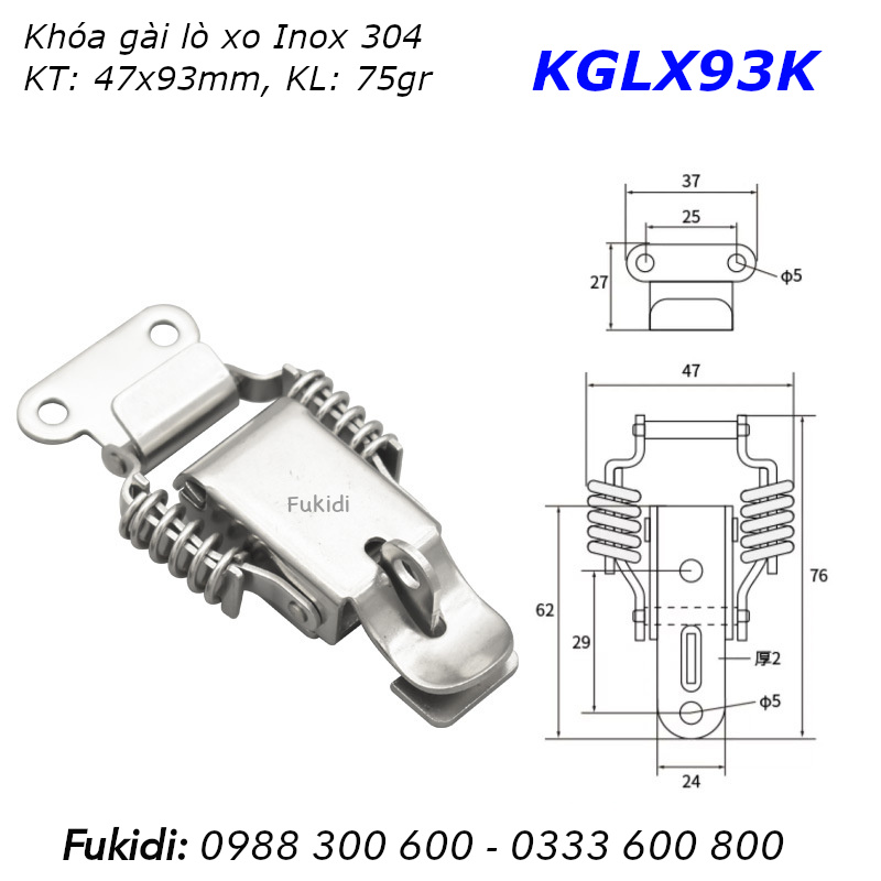 Khóa mỏ vịt lò xo có khoen móc ổ khóa, inox 304, KT 47x93mm - KGLX93K