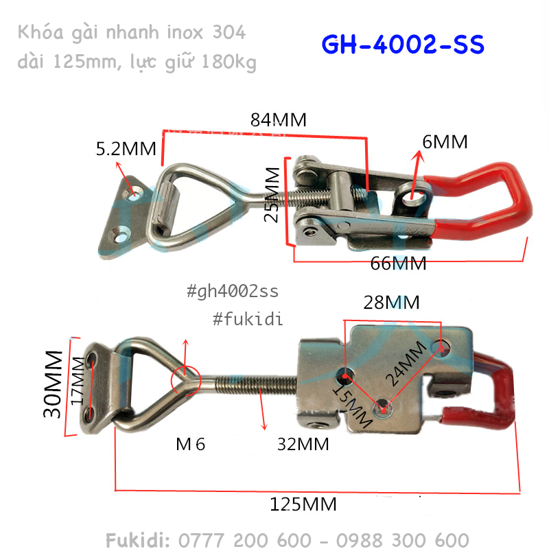 Khóa gài nhanh hay cam kẹp inox 304, dài 30x125mm lực giữ 180kg - GH-4002-SS