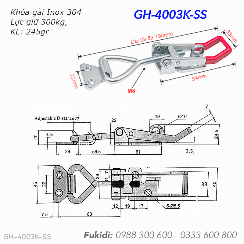 Khóa gài nhanh, cam kẹp Inox 304, KT 40x190mm, lực giữ 300kg, KL 245gr - GH-4003K-SS