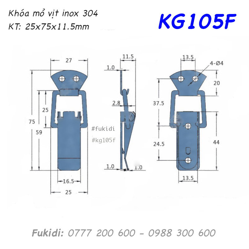Khóa gài inox 304 KT: 75x25mm - KG105F