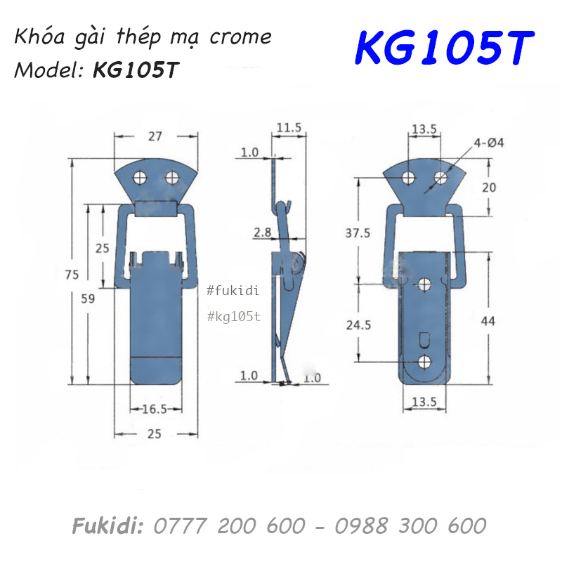 Khóa gài KG105T chất liệu thép cacbon kích thước 75x25mm