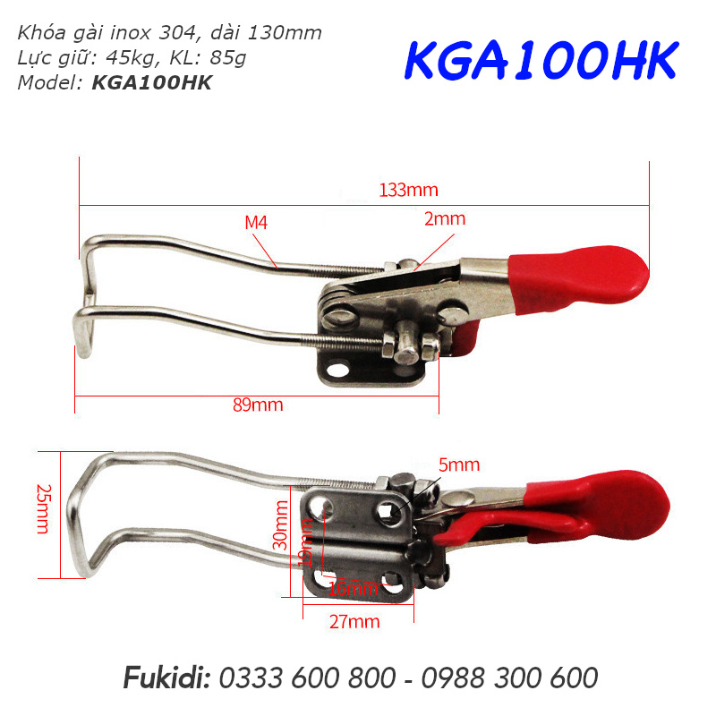 Khóa gài nhanh Inox 304, KT 30x130mm, lực giữ 45kg, KL 85gr - KGA100HK