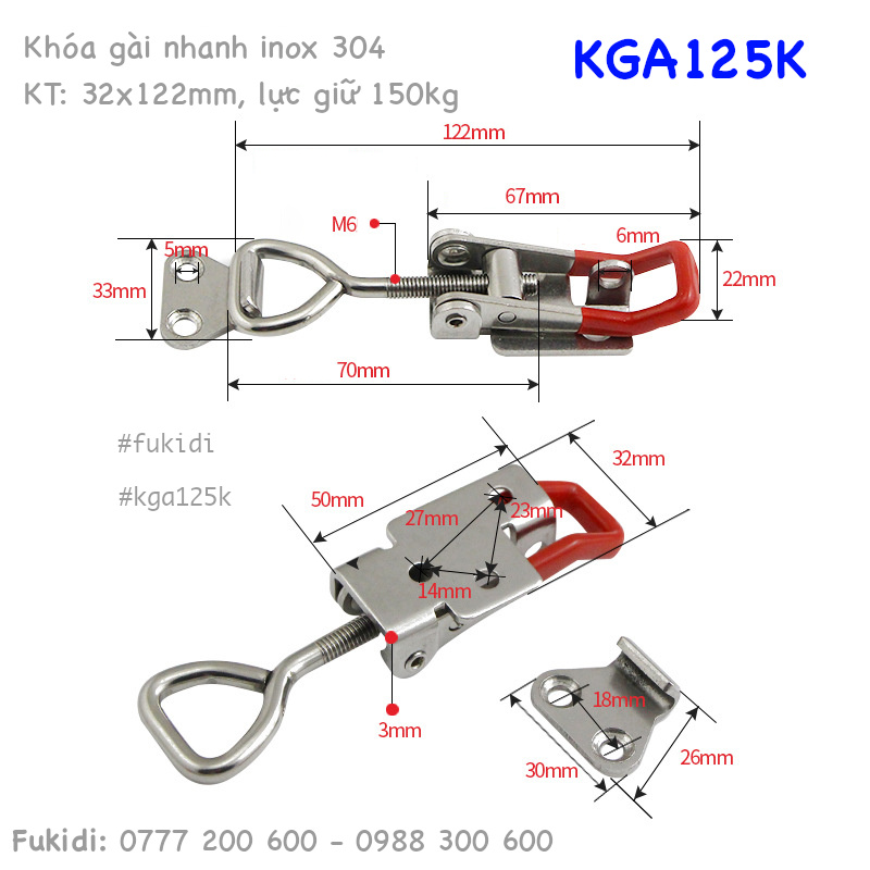 Khóa gài inox 304 có móc khóa, KT: 32x125mm, lực giữ 150kg - KGA125K