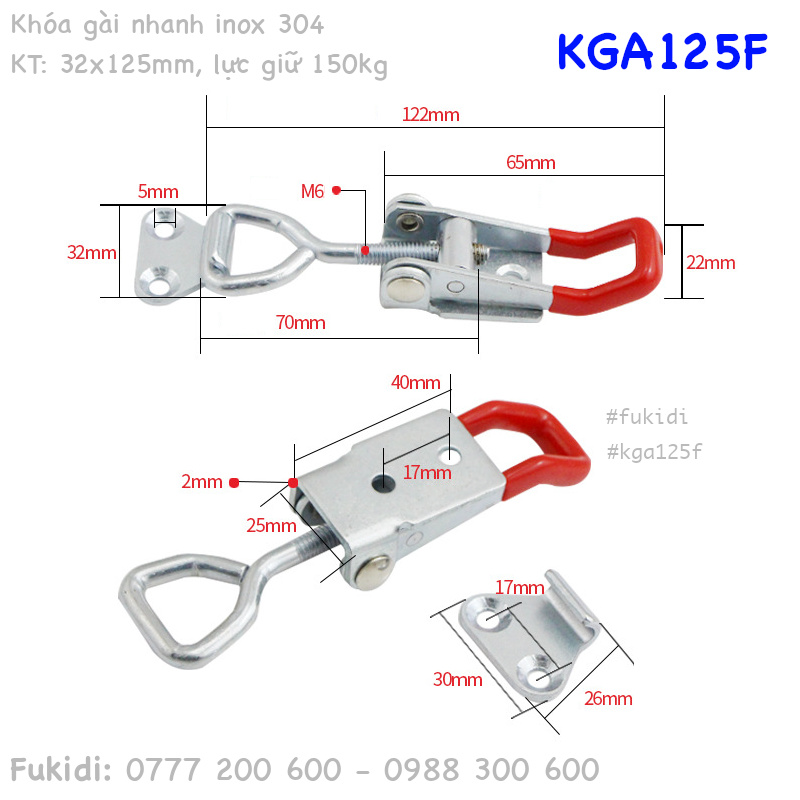 Khóa gài inox 304, KT: 32x125mm, lực giữ 150kg - KGA125F