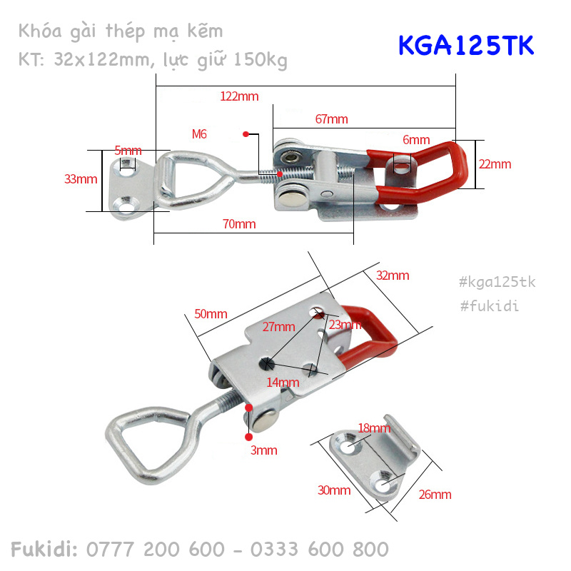 Khóa gài thép mạ kẽm có khoen khóa, KT: 32x125mm - KGA125TK