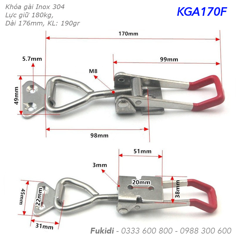 Khóa gài nhanh Inox 304, KT 40x190mm, lực giữ 180kg, KL 190gr - KGA170F