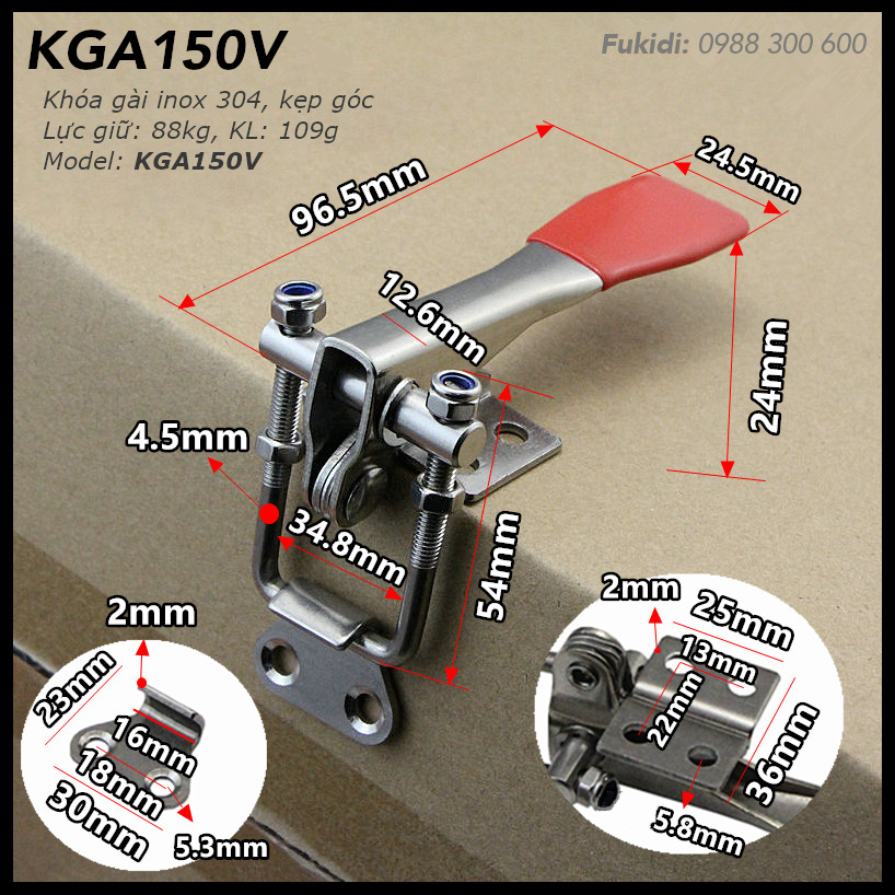 Khóa gài SU-304 kẹp góc vuông hay kẹp cạnh, dài 150mm - KGA150V