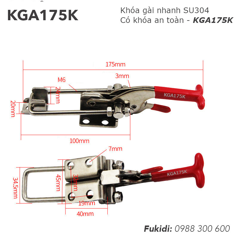 Khóa gài nhanh inox 304 dài 175mm, có khóa an toàn - KGA175K