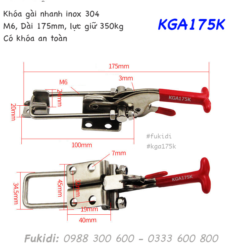 Khóa gài nhanh inox 304 dài 175mm, có khóa an toàn - KGA175K