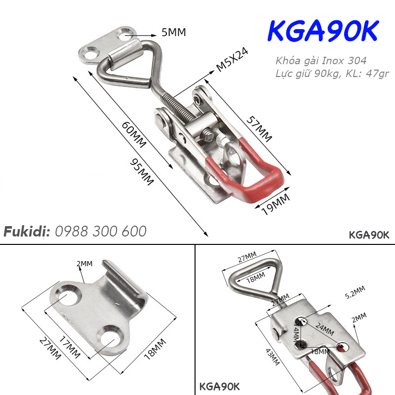 Khóa gài nhanh inox 304, KT 18x90mm, lực giữ 90kg, KL 47gr - KGA90K