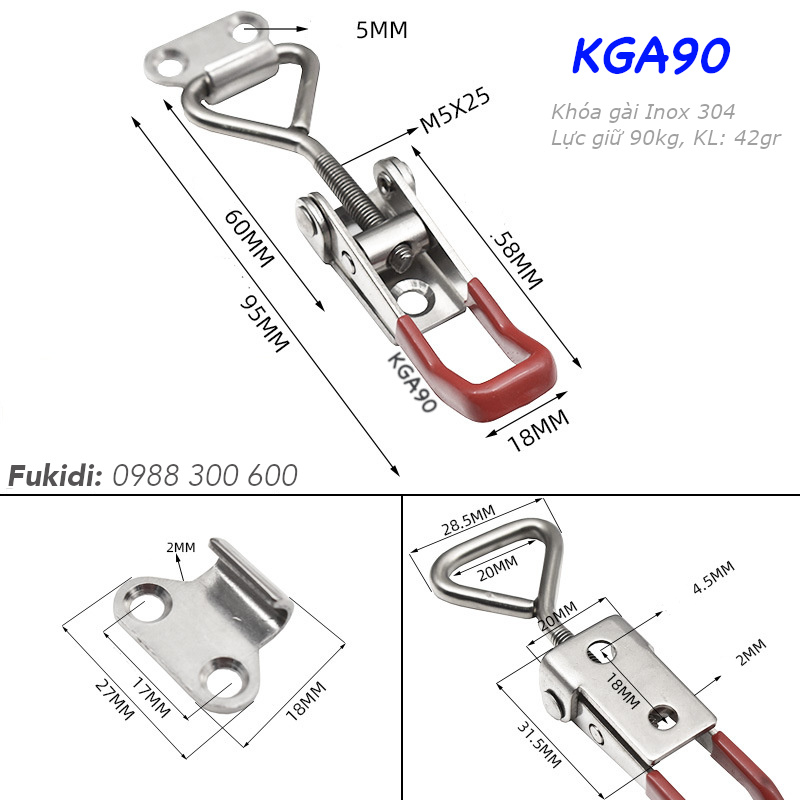 Cam kẹp inox 304, KT 18x90mm, lực giữ 90kg - KGA90