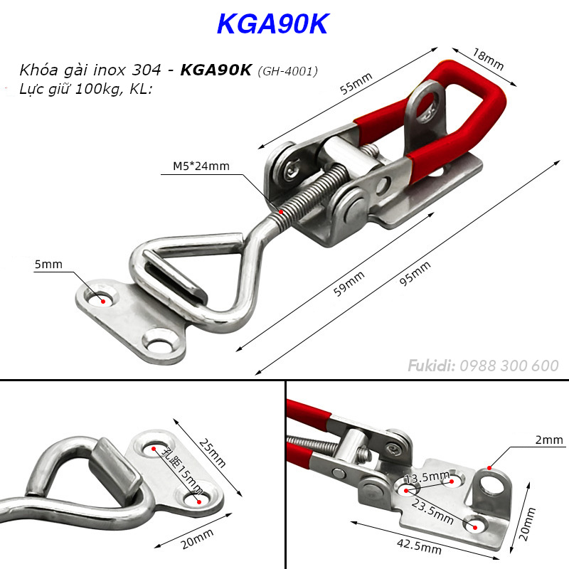 Khóa gài nhanh, kẹp định vị, chất liệu inox 304 dài 90mm có móc khóa - KGA90L
