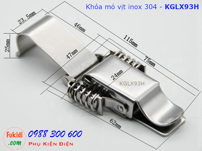 Chi tiết kích thước khóa mỏ vịt lò xo inox 304 dài 115mm - KGLX93H