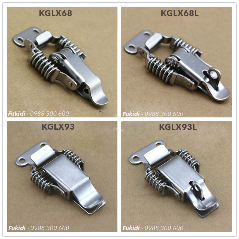 Bốn mẫu khóa gài lò xo inox 304 như hình có mã KGLX68, KGLX68L, KGLX93 và KGLX93L