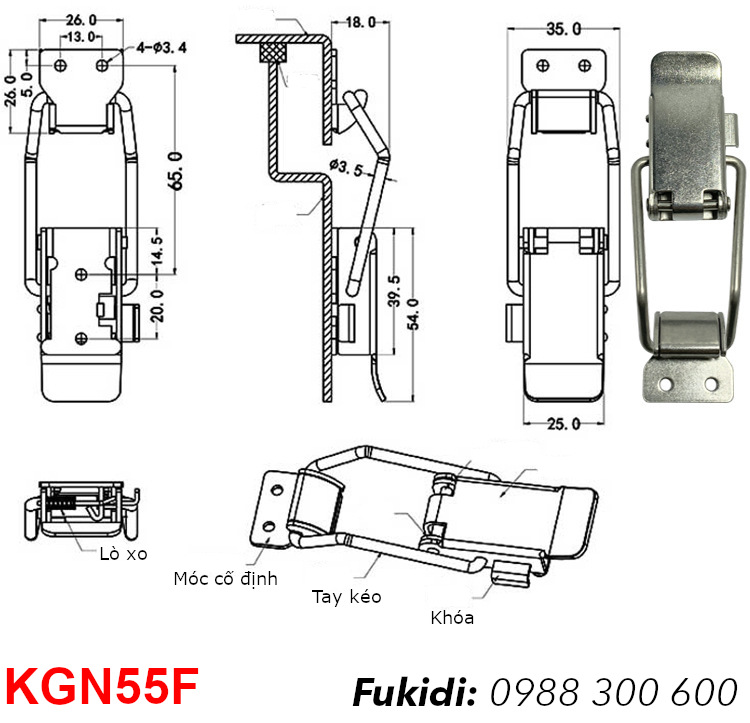 Chi tiết kích thước của khóa gài nhanh KGN55F