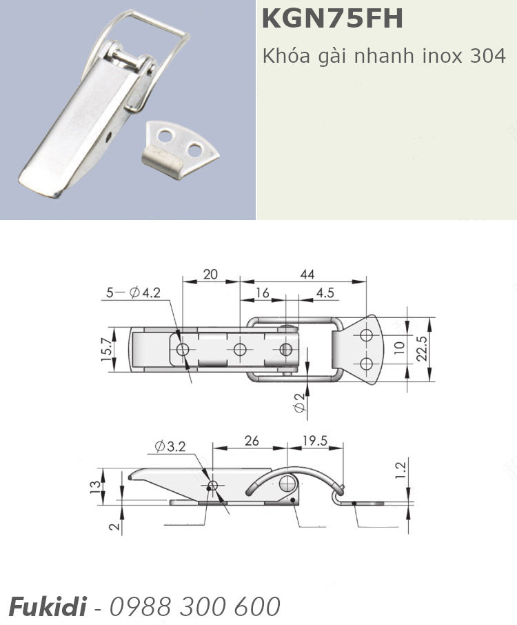 Khóa gài nhanh inox 304 KT 22x75mm - KGN75FH