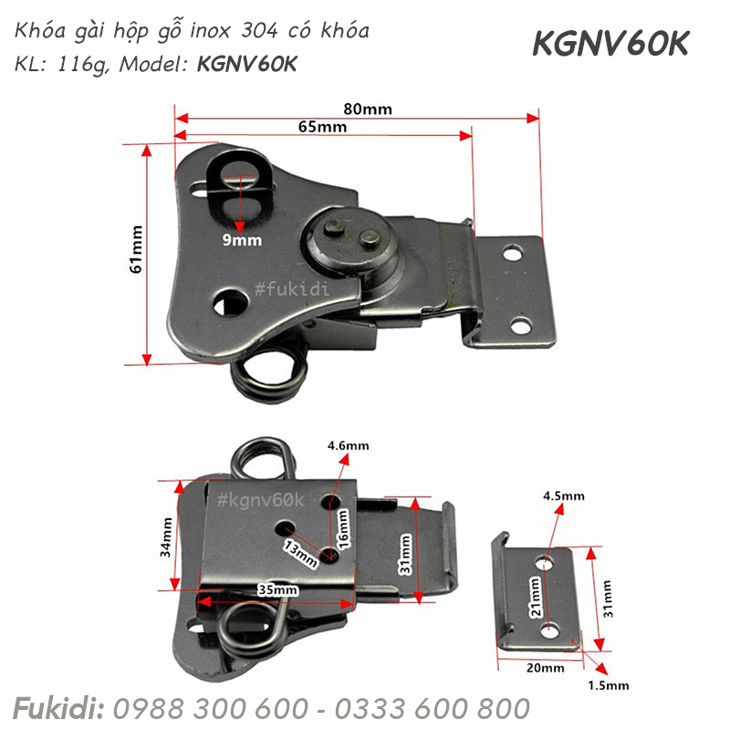 Khóa gài hộp gỗ dạng cánh bướm, inox 304, có móc khóa - KGNV60K