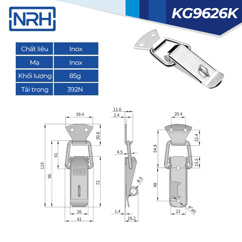 Khóa mỏ vịt Inox 304, kích thước 96x26mm, có khóa KG9626K